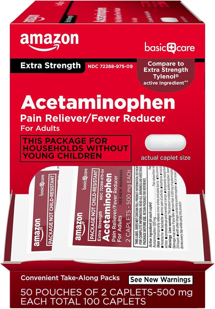 Temel Bakım - Ekstra Güçlü Acetaminophen Caplet 500 mg, 100 Kont ( 2 kapaklı 50 tane)