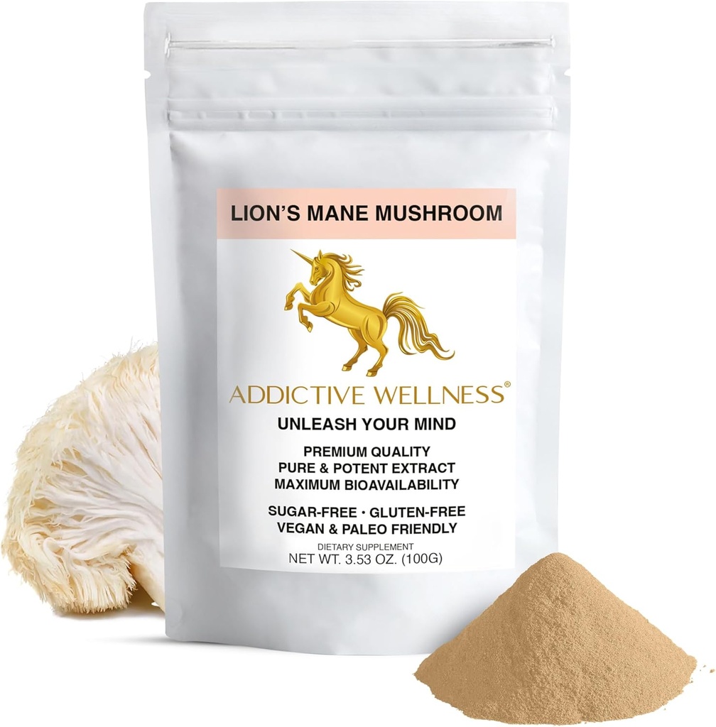 Addictive Wellness Lions Mane Supplement Toz, Premium Quality Lions Mane Mushroom Toz Dual-Extract Nootropic, Sugar Free, Vegan & Paleo Lion's Mane Mushroom Supplement - 1500 (100 Grams)