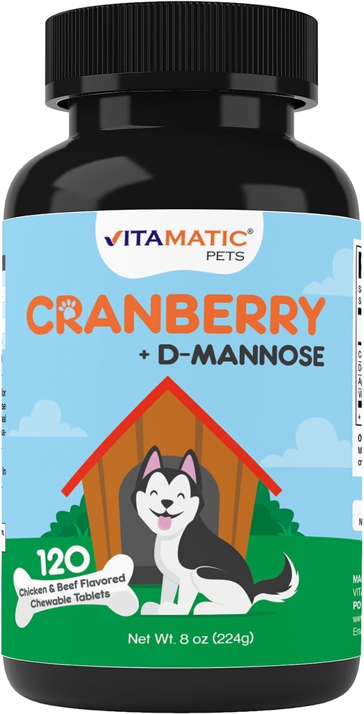 Vitamatic Cranberry for Dogs – 120 Μασώμενα δισκία – με D- Mannose, μηλίτη μηλίτη και βιταμίνη C – Υποστήριξη ουροποιητικών και βλεννογόνων για σκύλους