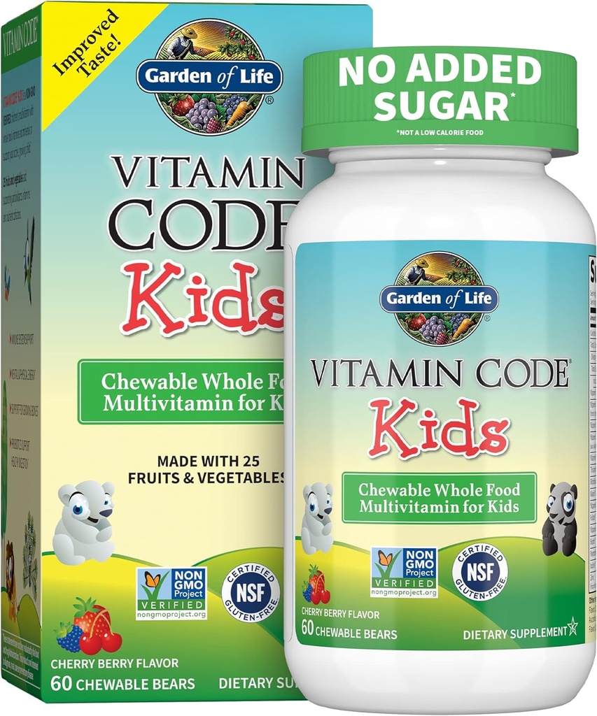 Garden of Life Vegetarian Multivitamin Supplement for Kids - Vitamin Code Kids Chewable Ακατέργαστη βιταμίνη τροφίμων με προβιοτικά, 60 Chewable Bears