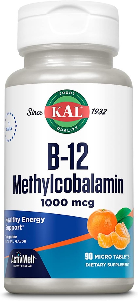 KAL Vitamin B12 Methylcobalamin 1000mcg, Healthy Energy, Metabolism, Nerve & Red Blood Cell Support,* Fast Dissolve ActivMelt, Optimal Absorption, Natural Tangerine Flavor, 90 Servings, 90 Micro Tabs