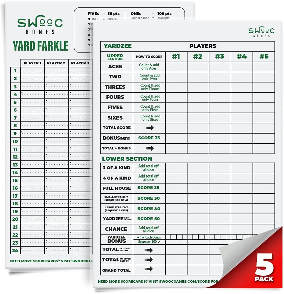 SWOOC Games® - 5 Big Premium Laminated Yardzee & Farkle Score Cards (11,5in x 8in) με Κανόνες - Μεγάλα επαναχρησιμοποιούμενα Ξηρά Σβώλια για Γιγαντιαία Υπαίθρια Ζάρια