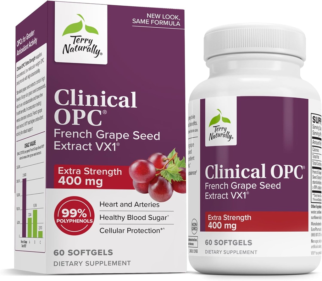 Terry Doğal Klinik OPC Ekstra Güçlü - Cardiovascular Sağlık ve Odak Destek - Grape Tohum Ekleme ile Tamam - Immune Support Supplement - 60 Softgels