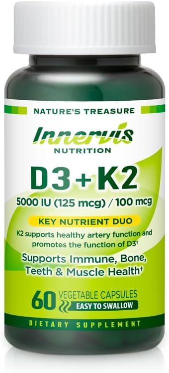 Vitamin D3 5000 IU + K2 MK-7 100mcg – Bone, Heart & Immune Support, Easy to Swallow, 60 Capsules