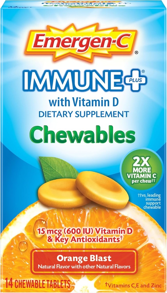 Emergen-C Immune+ Chewables 1000 mg Vitamin C Tablet, D vitamini ile Immune Support Diyetary Supplement for Immunity, Orange Blast Flavor - 14 Count