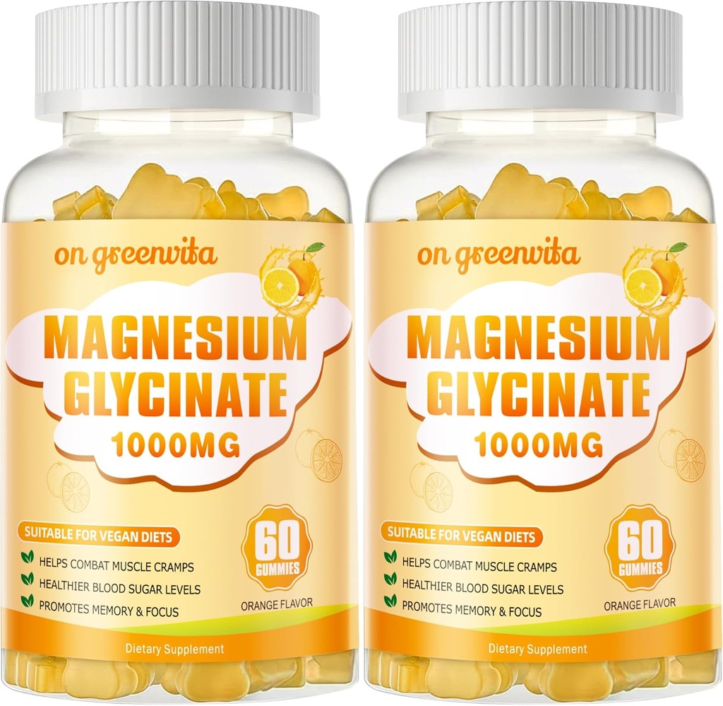 Μαγνήσιο Γλυκινικό Gummies 1000mg - Συμπλήρωμα μαγνησίου χωρίς ζάχαρη με βιταμίνη D, B6, CoQ10 για υποστήριξη ηρεμίας & ύπνου - 120 Orange Gummies 2 Pack