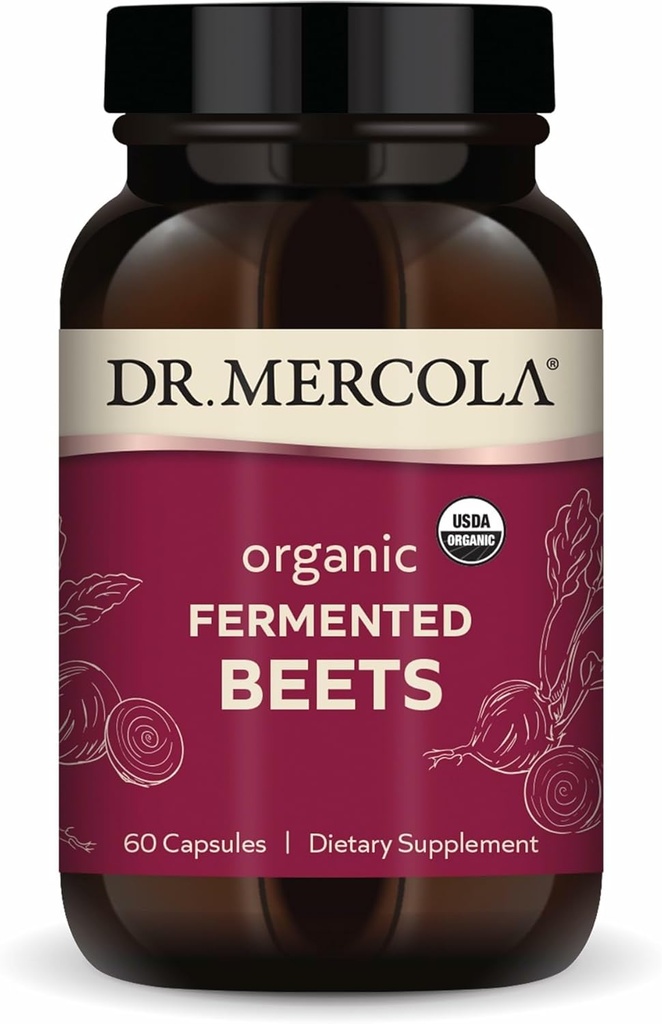 Dr. Mercola Organik Fermented Beets - Nitrik Oksit Desteği - USDA Organik, Non-GMO, Gluten-Free & Soy-Free - 60 Capsules