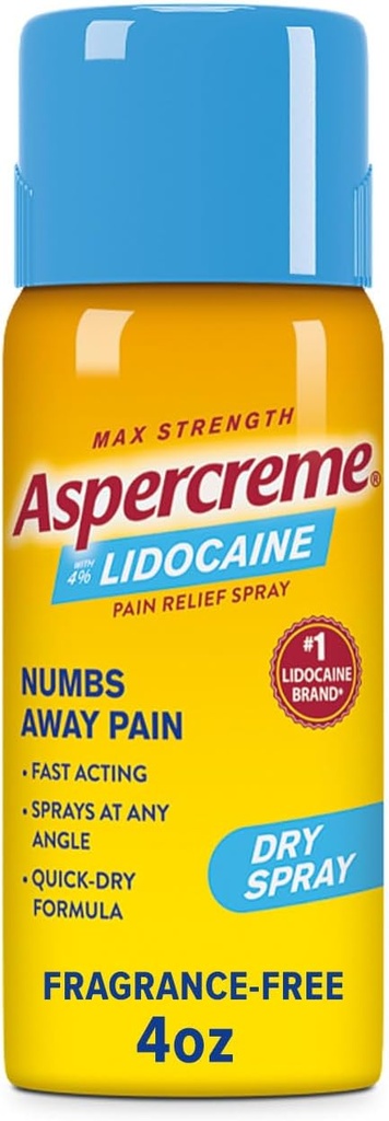 Aspercreme Lidoka Kuru Sprey Soothes Aggravated Nerves, Max-Strength 4% Lidokak Kombinleri ile Topical Pain Relief Spray, 4 Oz.