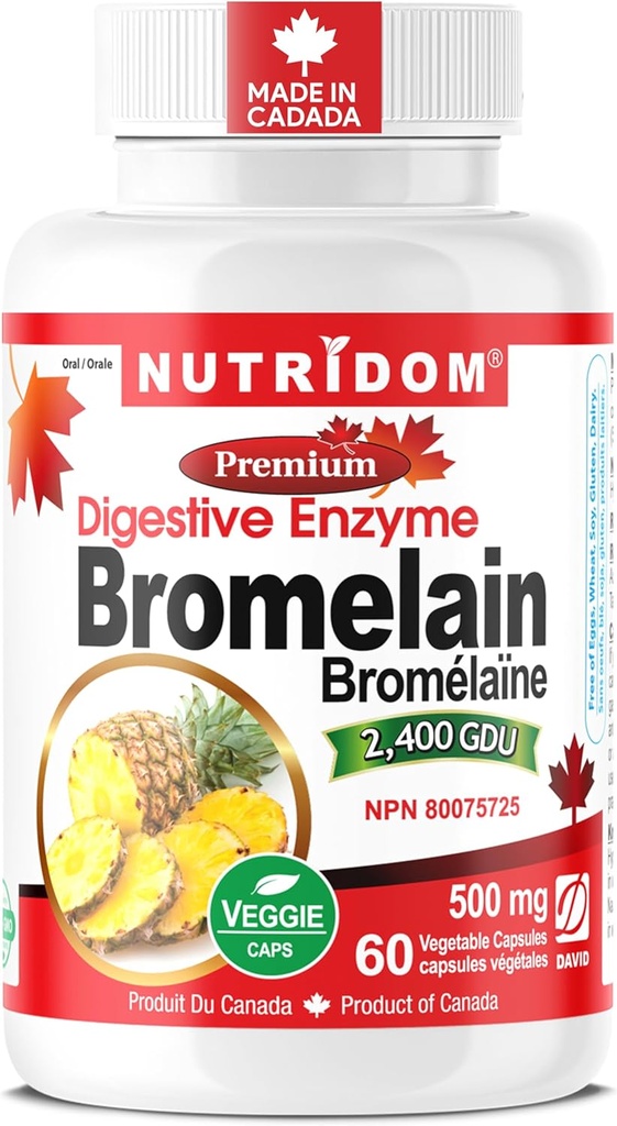 Nutridom Bromelain Digestive Enzyme Pineapple Supplements, 2400 GDU, 500 mg, Non-GMO, Vegan, Free of Gluten, Soy & Dairy (60)