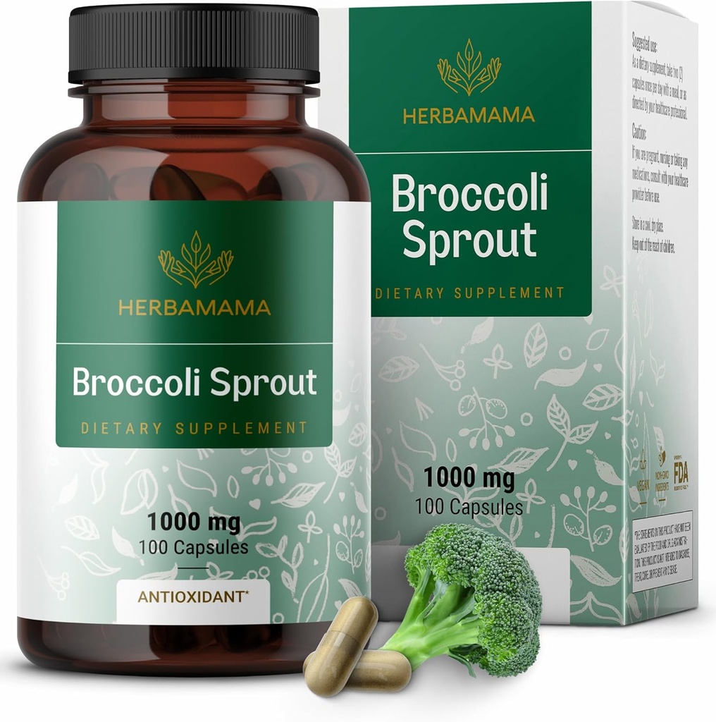 HERBAMAMA Broccoli Sprouts Capsules - 1000mg Broccoli Sprout Extract for Antioxidant & Immune Support - Vegan, Non-GMO Sulforaphane Supplements, 100 Caps