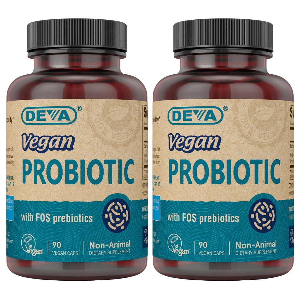 DEVA Vegan FOS Prebiyotiks Supplement ile Probiyotik - Erkekler ve Kadınlar için 100 MG Prebiyotikle 2 Milyar CFU - Non-Dairy Gluten Ücretsiz - Doğal Raf Stable - 90 Capsules (Pack of 2)