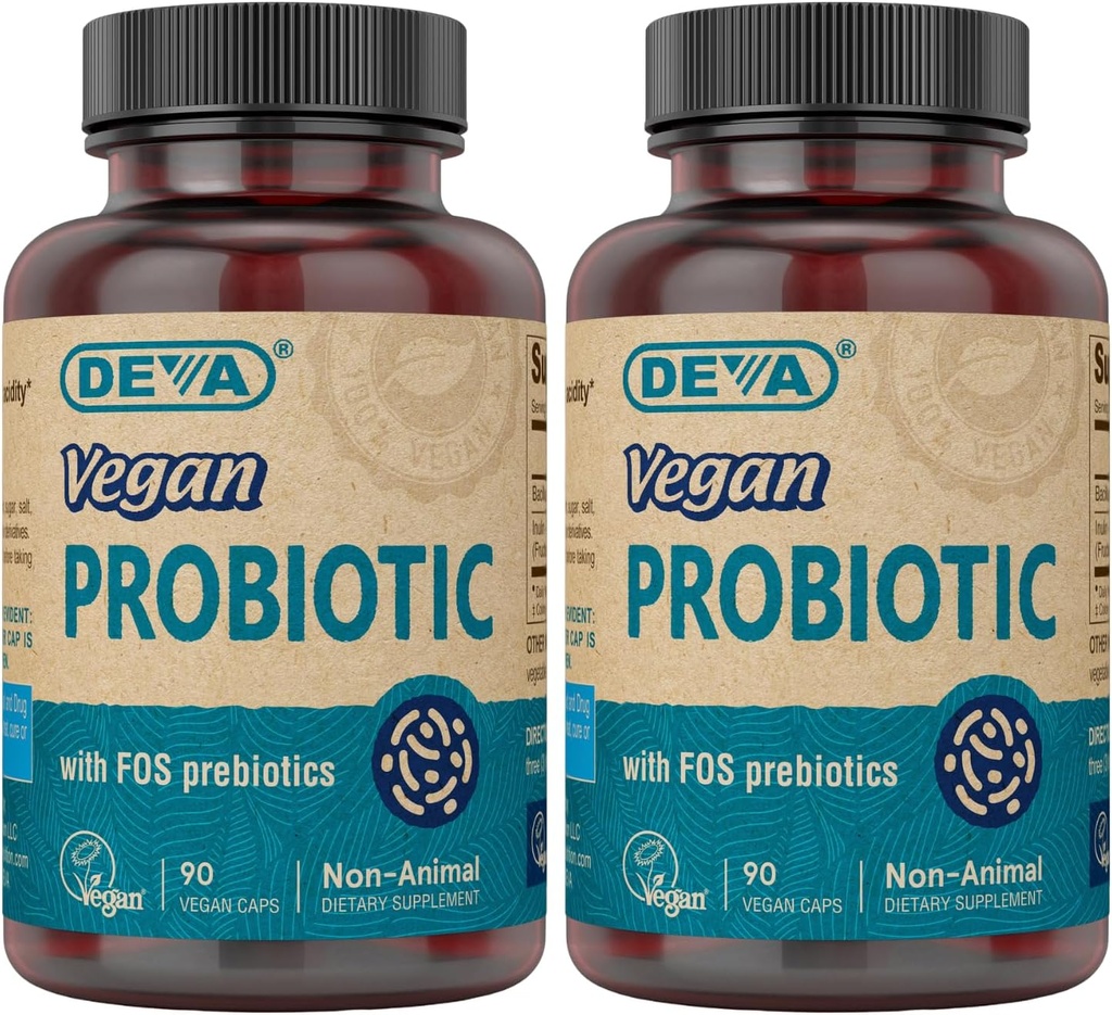 DEVA Vegan FOS Prebiyotiks Supplement ile Probiyotik - Erkekler ve Kadınlar için 100 MG Prebiyotikle 2 Milyar CFU - Non-Dairy Gluten Ücretsiz - Doğal Raf Stable - 90 Capsules (Pack of 2)