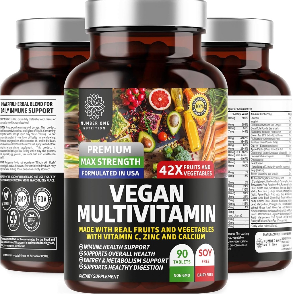 N1N Premium Plant Multivitamin [42 Güçlü Malzemeler] Erkekler ve Kadınlar Raw Veggies ve Meyveler ile Çokvitaminler, Probiyotikler, Alfalfa, Echinacea, Spirulina ve Digestive Enzymes, 90 Tabletler