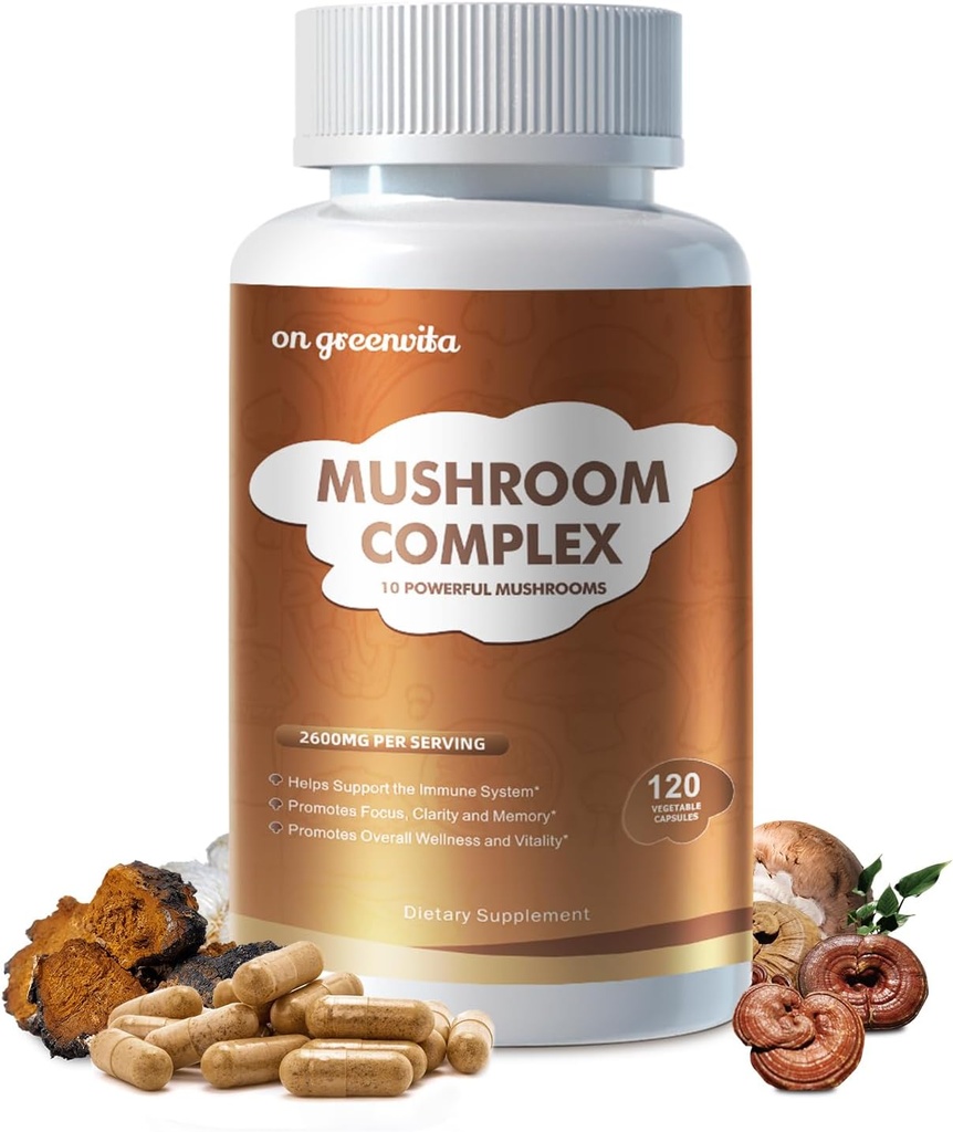 Mushroom Complex Supplement 2600mg, 120 Κάψουλες - 10 Μανιτάρια Blend - Reishi, Lions Mane, Cordyceps, Chaga, Turkey Tail, Maitake, Shiitake, Oyster Nootropic Complex - Εγκέφαλος, Ενέργεια, Focus Pills