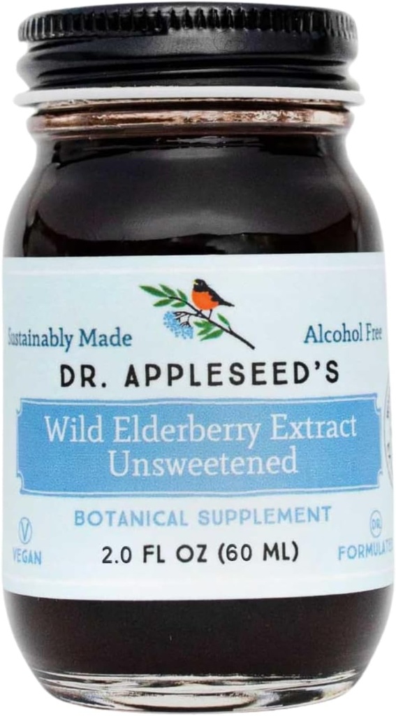 Dr. Appleseed's Wild Elderberry Extract Unsweetened Max Strength 720mg Kids + Yetişkinler Daily Immune Supplement Doctor- Formulated Science-Backed Pure Vegan 25 Day Supply – 2 Fl Oz