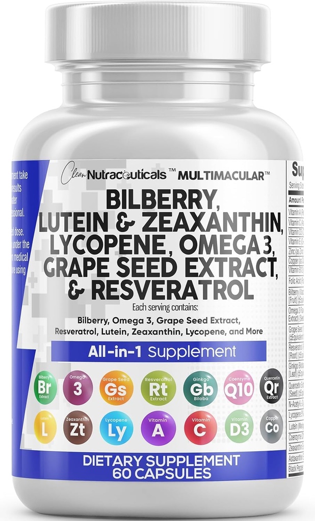 Bilberry Lutein ve Zeaxanthin Supplements Lycopene 40 mg Resveratrol Grape Seed Astaxanthin for Eyes - Eye Care Health Support Eye ve Mineral Supplements