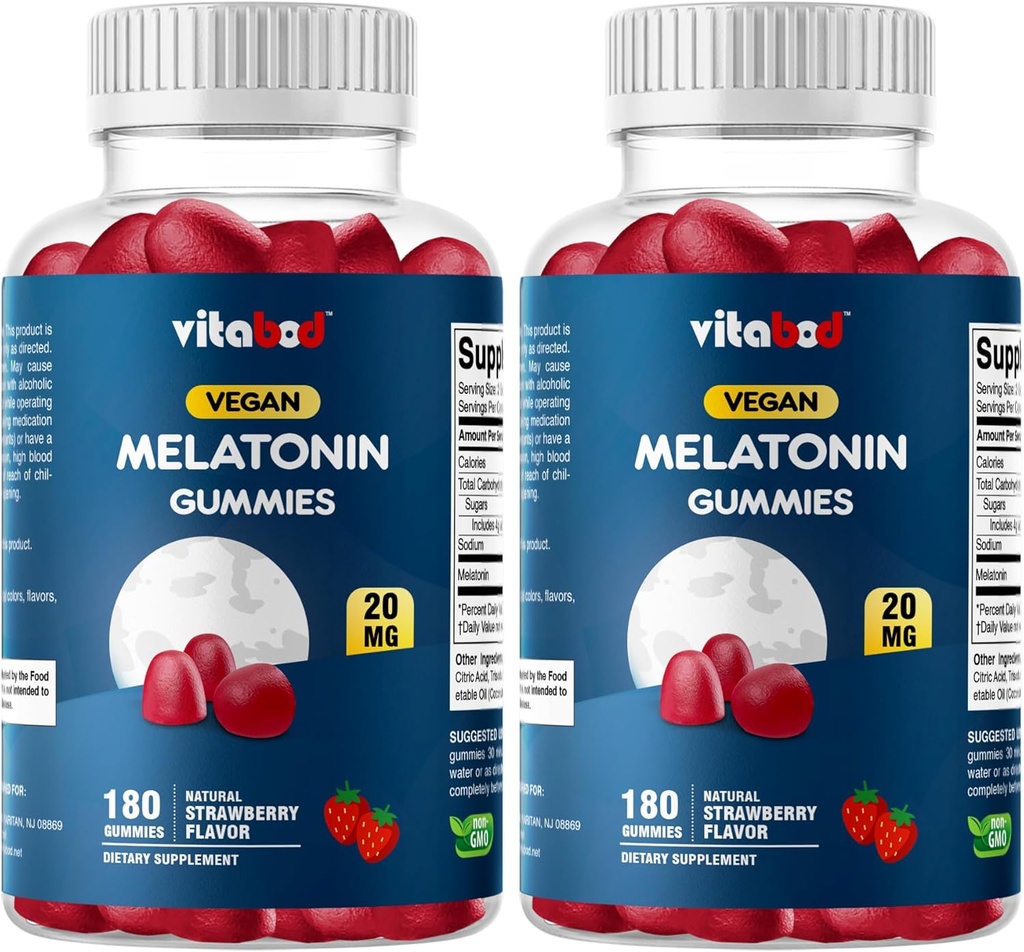 Melatonin 20 mg Gummies - 180 Kont - Uyuşturucu Ücretsiz - Doğal Strawberry Flavor - Vejetaryen, Non-GMO, Gluten Free (2 Şişe)