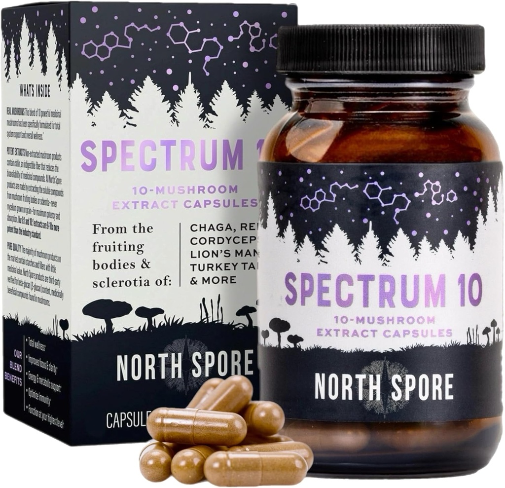 North Sporte Organic 'Spectrum 10' Mushroom Extract Capsules | Cognitive Supplement | Lion's Mane, Chaga, Cordyceps, Reishi, Türkiye Tail | 10 Medicinal Mushrooms | Enerji, Focus, Clarity - 120 ct
