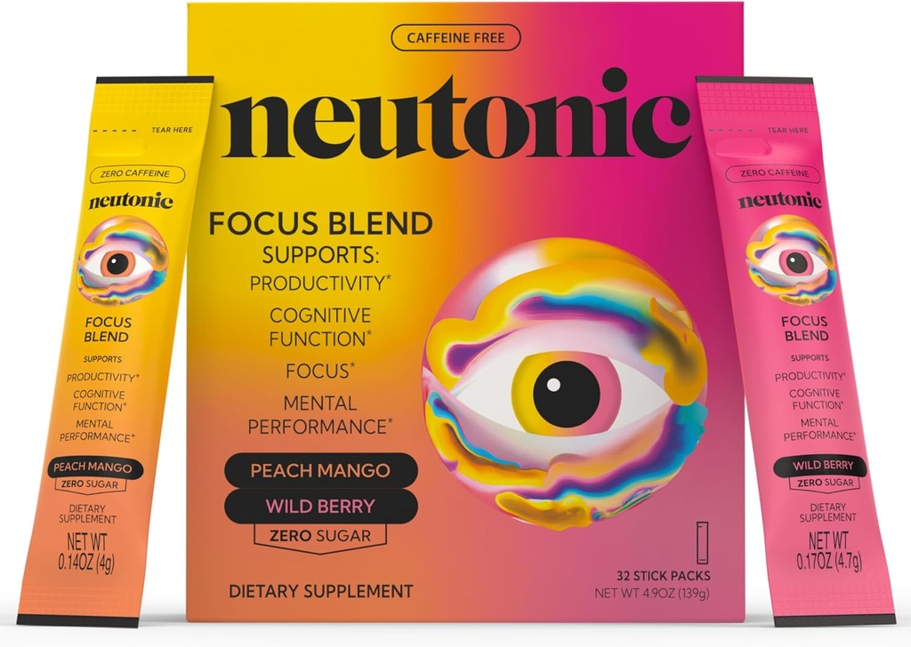 Neutonic Nootropic Focus Mix Toz | Peach Mango & Wild Berry 32 Sticks | Caffeine Free, Zero Sugar | Support Memory, mental Clarity, Cognitive Function | Boost Focus, Energy, Brain Health