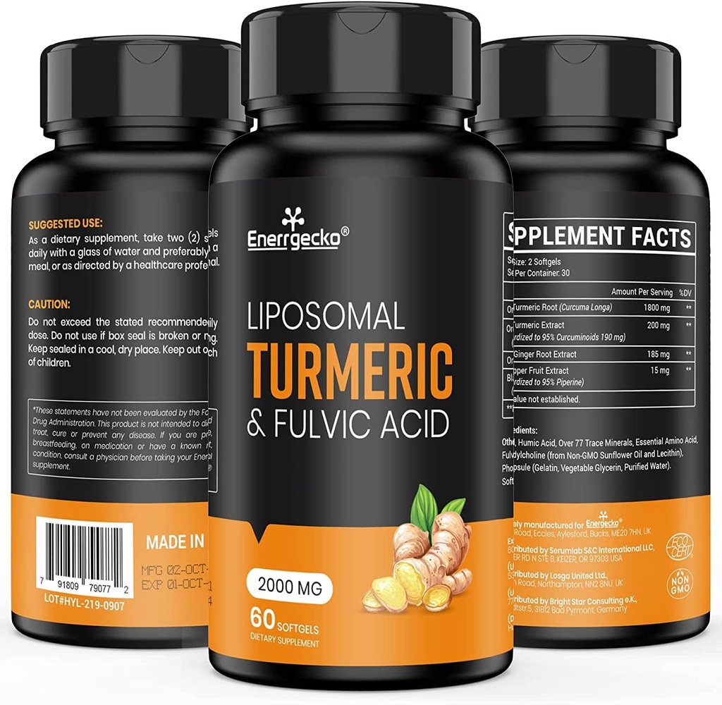 2000 mg Liposomal Turmeric Curcumin with Black Pepper & Ginger for Superior Abpsiyon with Fulvic Acid and Humic Acid (60 Kont)