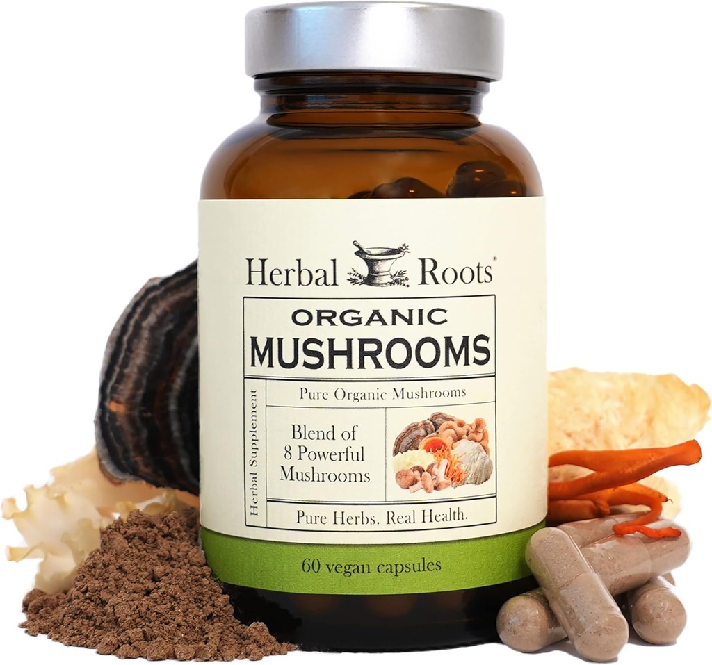 Herbal Roots Organik 8 Mushroom Mix Capsules - 100% Meyve Vücut Taklitleri - Wellness ve Immunity - 60 Vegan Capsules
