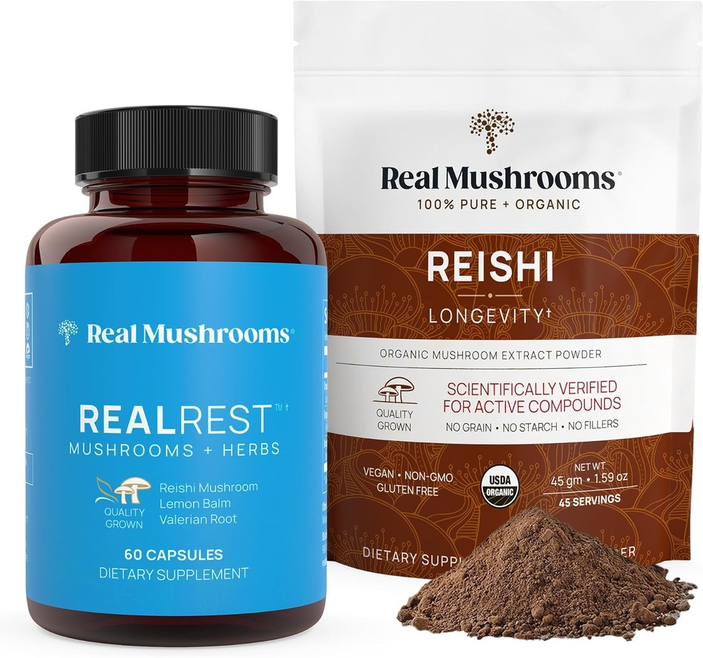 Real Mushrooms RealRest (60ct) Capsules and Reishi Mushroom Toz (45 hizmet) Sche - Mushroom Supplement for Longevity, Daily Immune Support, Improv Sleep and Relaxation - Vegan, Non-GMO