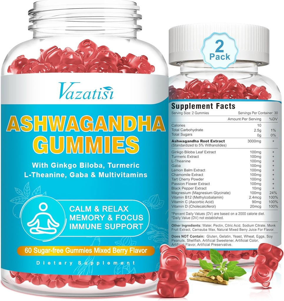 2 Pack Ashwagandha Gummies with Turmeric GABA Mood Energy and Immune Support, Karma Berry Flavor 120 Cts