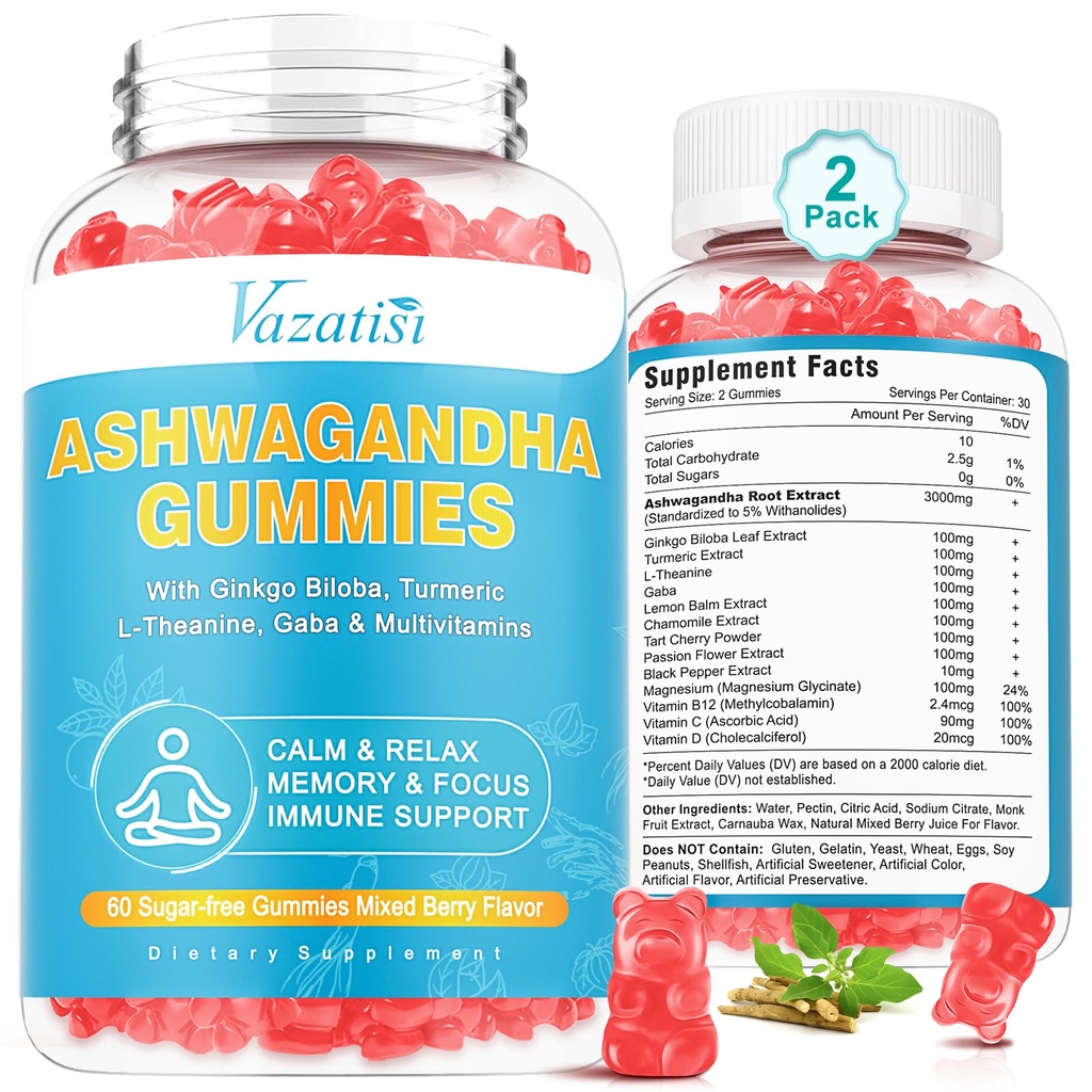 2 Pack Ashwagandha Gummies with Turmeric GABA Mood Energy and Immune Support, Mixed Berry Flavor 120 Cts