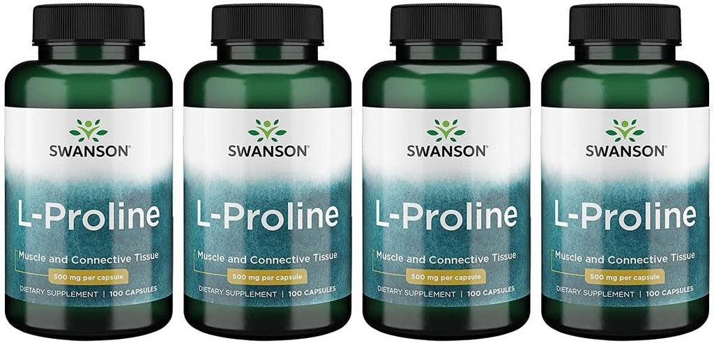 Swanson Amino Asit L-Proline Diyeter Supplement Collagen Connective Tissue Support 500 mg 100 Capsules (4 Pack)