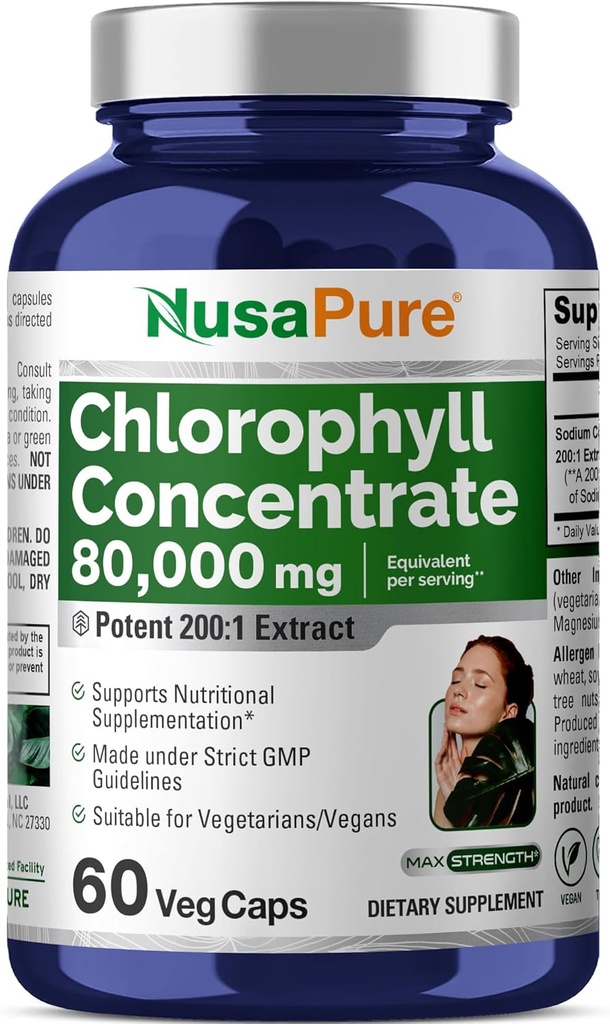 NusaPure Chlorophyll 200:1 Ekstraksiyon, 400 mg 80.000 mg 60 Veggie Caps (Equivalent 80000 mg, Non-GMO, Vegan)