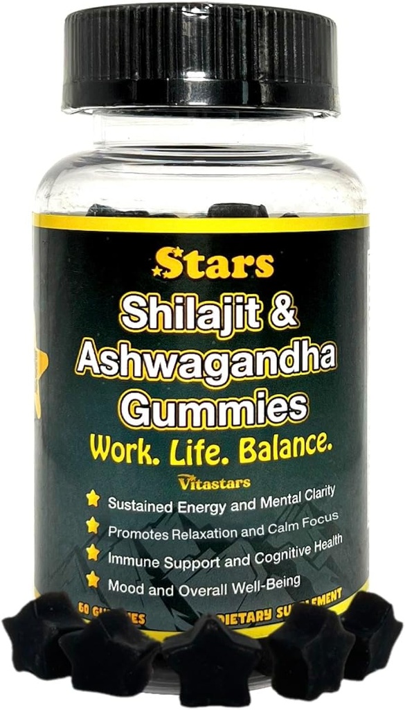 Shilajit Ashwagandha Gummies - Immune Support Supplement with Pure Shilajitwear - Organik Ashwagandha Gummy for Stress, Energy & Wellness, 60 Natural Star-Shaped Gummies