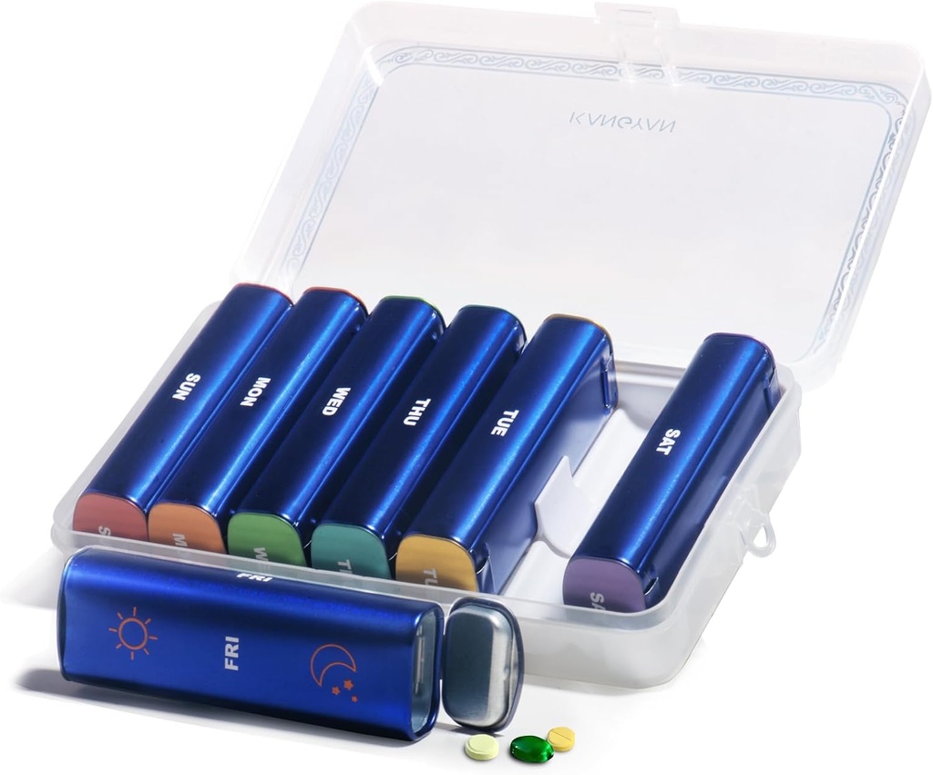 Metal Weekly Pill Organizer 2 Times a Day, Alüminyum Alloy Portable Travel Pill Box 7 Day, AM PM Two Daily Pill Case for Vitamin, Medicine, Supplement, Fish Oil Oil