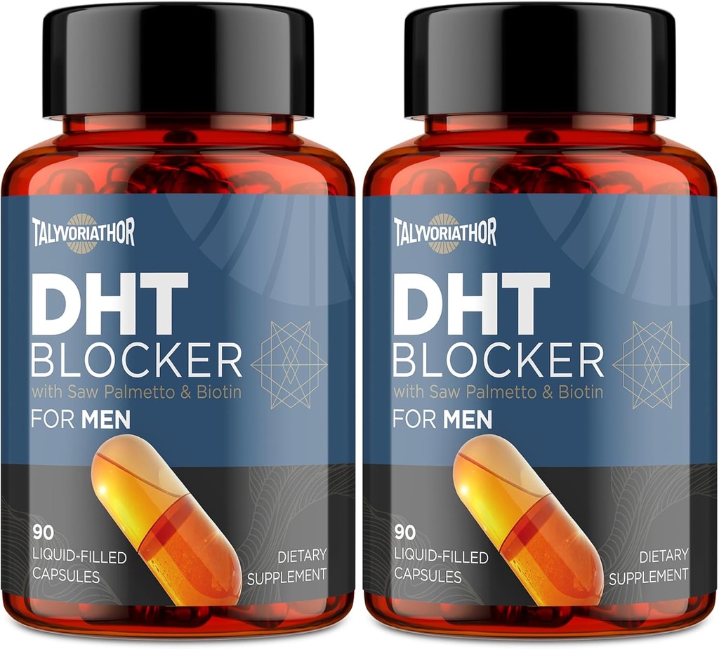 DHT Blocker for Men with Saw Palmetto & Biotin, Hair Growth Formula in Liquid-Filled Capsules, Hair Loss Supplements, Hair Regrowth Vitamins, Proprietary Herbal Blends - 90 Capsules(2 Bottle)