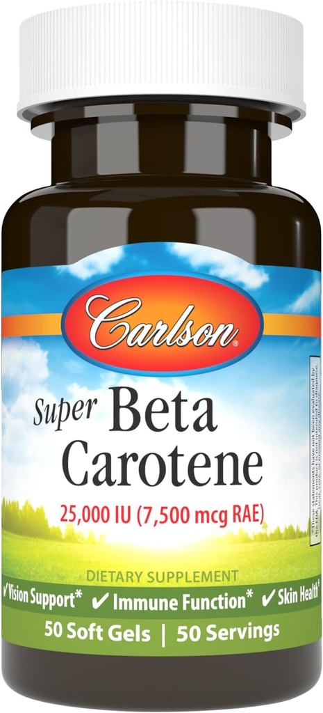 Carlson - Super Beta Carotene, 25000 IU (15 mg), A vitamini Beta Carotene, Bio kullanılabilir ve Bioaktif Form, Vizyon Health, Sağlıklı Skin, 50 Softgels