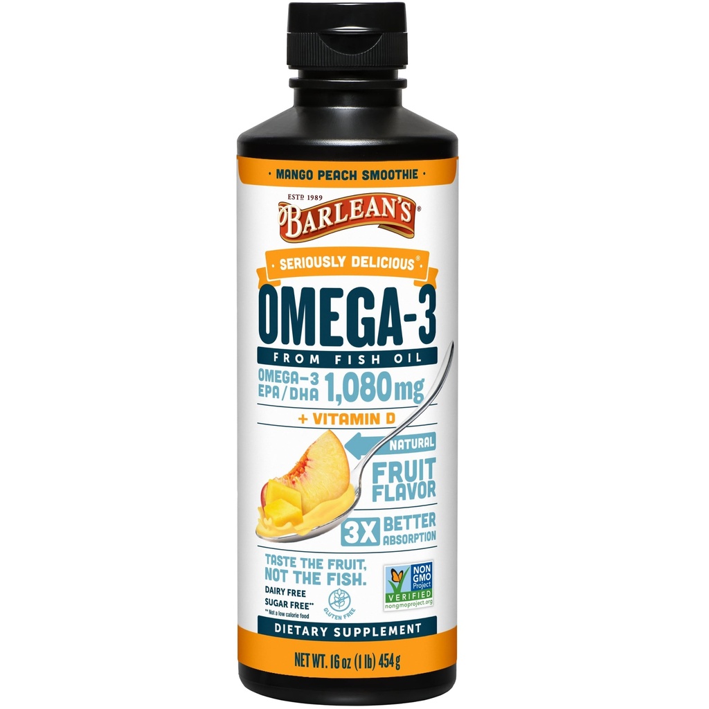 Barlean'ın Omega 3 Balık Yağı Sıvı Supplement, Erkekler ve Kadınlar için D vitamini, Mango Peach, 1080 mg EPA ve DHA Fatty Asit, 16 ozz