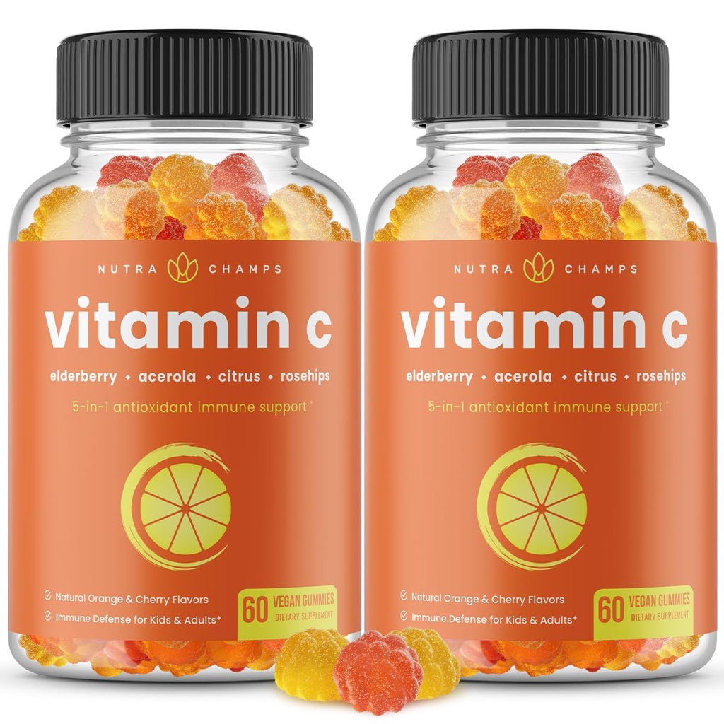 NutraChamps Vitamin C Gummies for Yetişkinler & Çocuklar, 5-in-1 Immune System Support with Elderberry, Rosehips, Citrus Bioflavonoids & Acerola Cherry, Immunity Alert Supplement (Pack of 2)