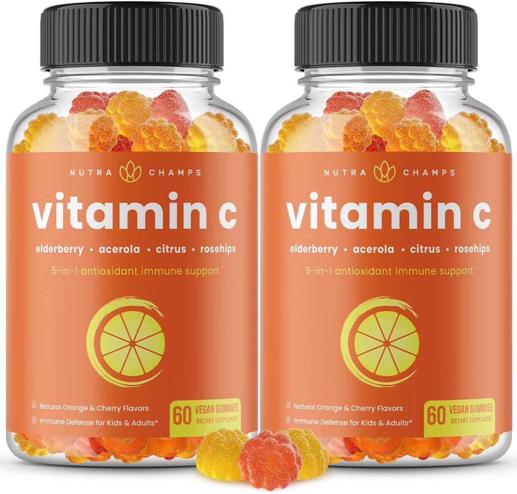 NutraChamps Vitamin C Gummies for Yetişkinler & Çocuklar, 5-in-1 Immune System Support with Elderberry, Rosehips, Citrus Bioflavonoids & Acerola Cherry, Immunity Alert Supplement (Pack of 2)
