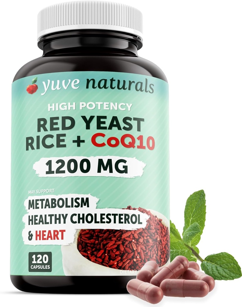 100% Φυσικό Κόκκινο Ρύζι Ζύμες 1200 mg με CoQ10 100 mg, 2 σε 1, Διατηρήστε Υγιή Επίπεδα Χοληστερόλης - 120 Κάψουλες Veggie