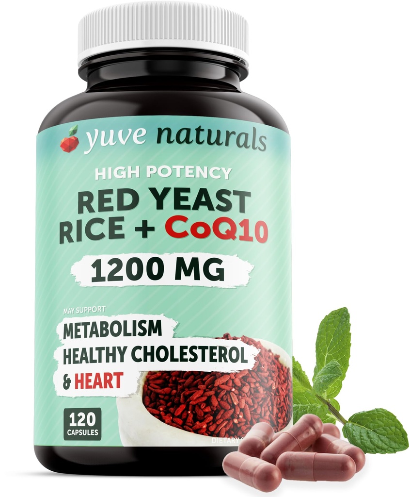 100% Φυσικό Κόκκινο Ρύζι Ζύμες 1200 mg με CoQ10 100 mg, 2 σε 1, Διατηρήστε Υγιή Επίπεδα Χοληστερόλης - 120 Κάψουλες Veggie