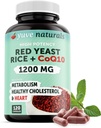 100% Φυσικό Κόκκινο Ρύζι Ζύμες 1200 mg με CoQ10 100 mg, 2 σε 1, Διατηρήστε Υγιή Επίπεδα Χοληστερόλης - 120 Κάψουλες Veggie