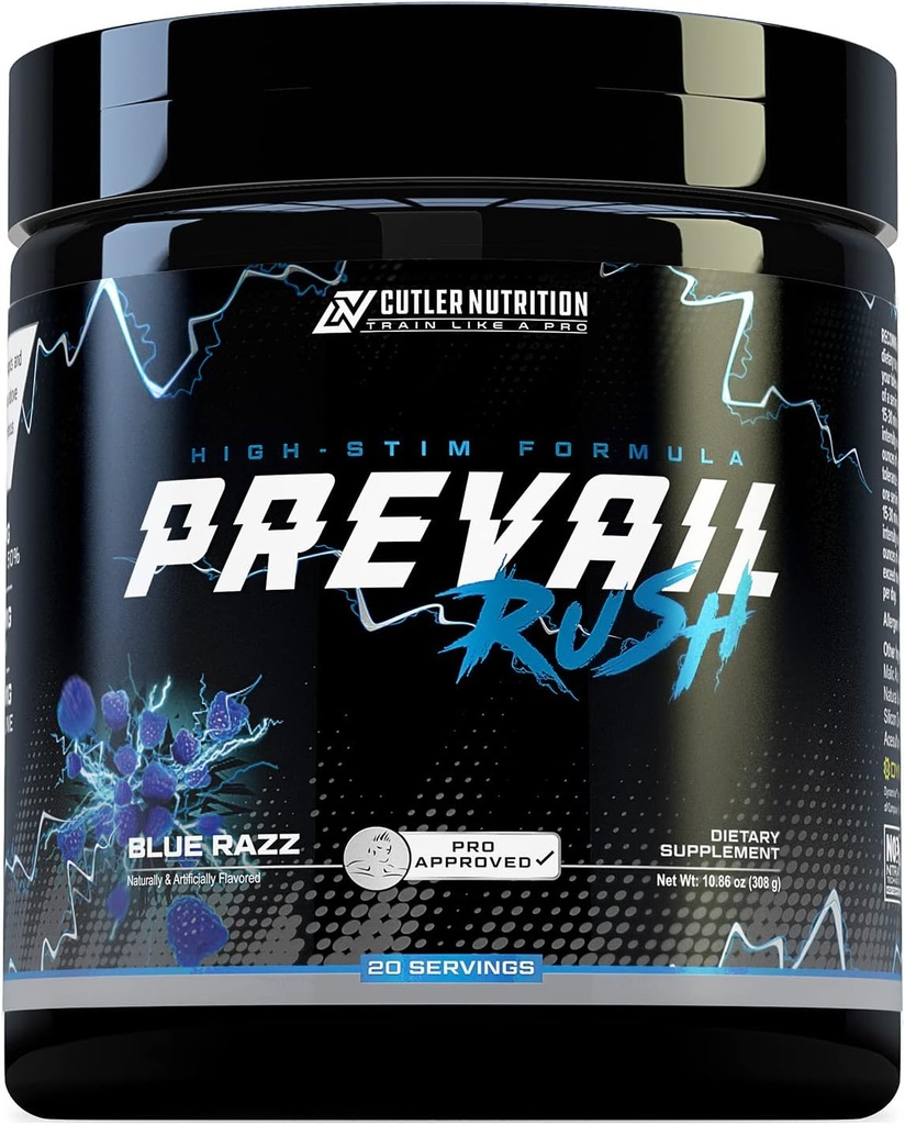 Cutler Nutrition High Stim Pre Workout Powder Prevail Rush Preworkout for Men & Women for Intense Pumps Energy and Focus with Caffeine NO3T Betaine and Dynamine | Sour Blue Razz (20 Servings)