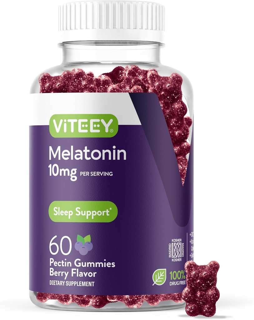 Viteey Melatonin Gummies 10mg - Yetişkinler Ekstra Güçlü Melatonin - Vegan, GMO Free, Gluten Free - Count 60