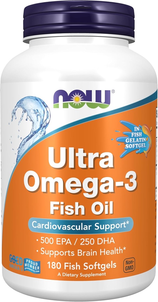 NOW Συμπληρώματα τροφίμων, Ultra Omega-3, 500 EPA και 250 DHA, Καρδιαγγειακή Υποστήριξη*, 180-Fish Ζελατίνη Softgels