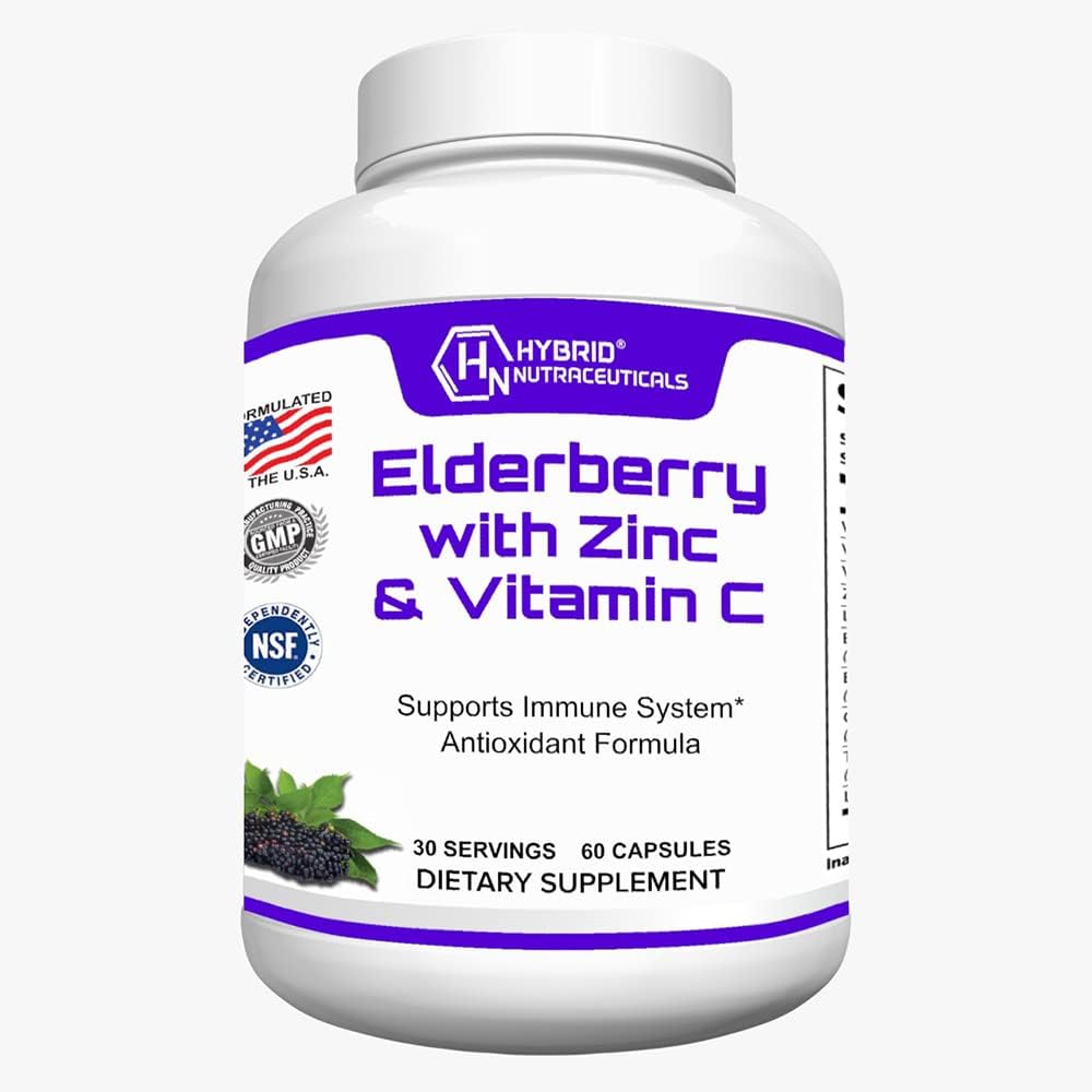 Hybrid Nutraceuticals Black Elderberry Capsules, Echinacea, Turmeric, Garlic, çinko, Vitamin C, E ve B6, Probiyotikler ve L-Glutamine (60 Capsules)