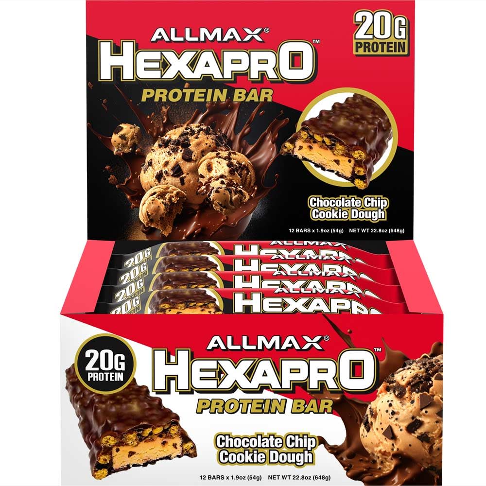 ALLMAX HEXAPRO PROTEIN BAR, Chocolate Chip Cookie Dough - 12 Paket - Yüksek Protein Energy Snack - 20 g Protein Per Bar - Whey Protein Isolate