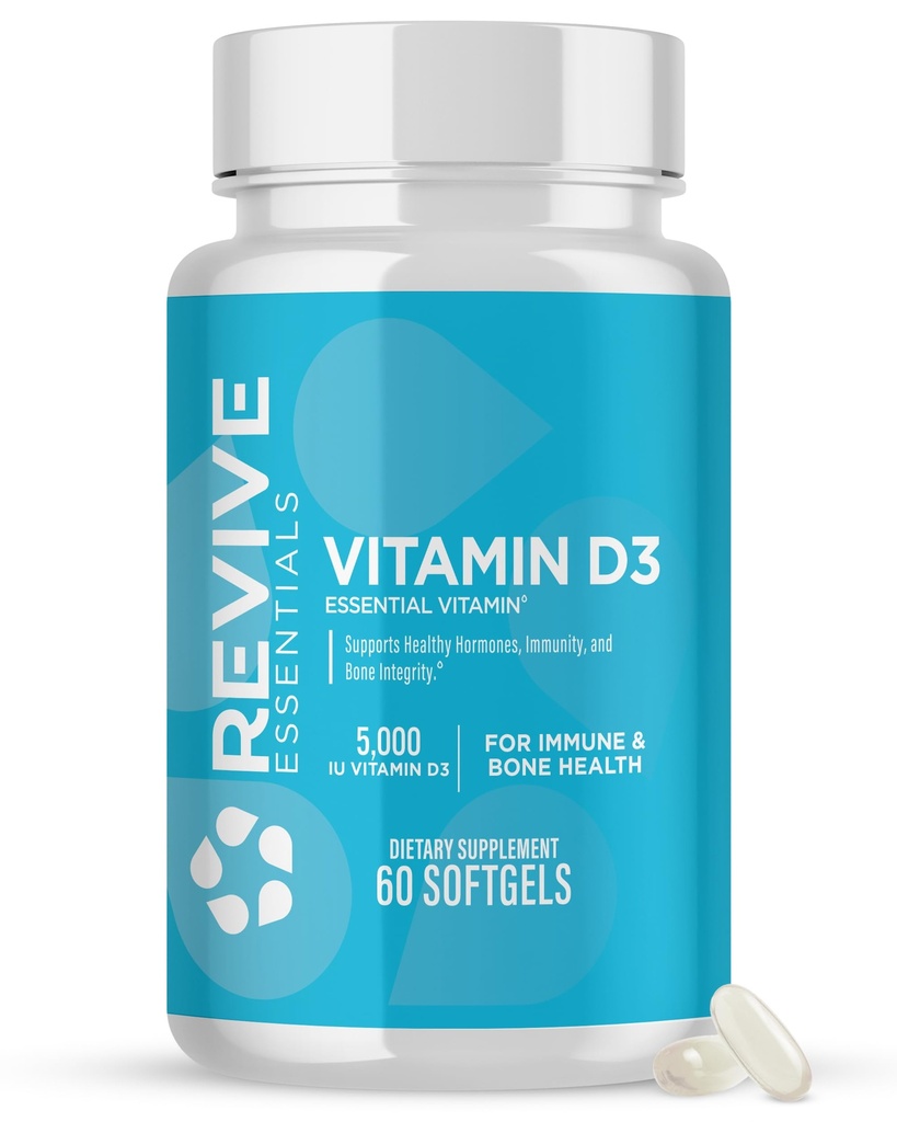 Revive MD Vitamin D3 Tamam, 5000 IU - Immune Desteği için Yüksek Potency Cholecalciferol, Kalsiyum Aborpsiyon, Bone & Muscle Health - Non-GMO Diyetary Supplement with No Fillers - 60 Softgels