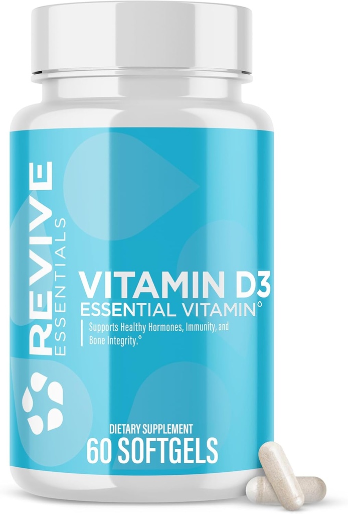 Revive MD Vitamin D3 Tamam, 5000 IU - Immune Desteği için Yüksek Potency Cholecalciferol, Kalsiyum Aborpsiyon, Bone & Muscle Health - Non-GMO Diyetary Supplement with No Fillers - 60 Softgels