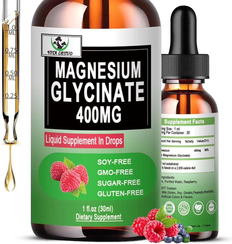 Magnezyum Glycinate 400 mg, Sıvı Glycinate Drops 6X High Abxia for Bone, Immune Support, Vegan, Non-GMO, Gluten-Free | 30 Servisler