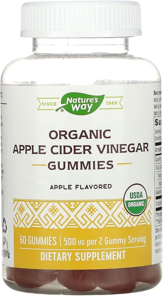 Nature's Way Organic Apple Cider Vinegar Gummies, 500 mg Organik Apple Cider Vinegar In 2Gummy Service, Apple Flavored, 60 Gummies (Pazar May Vary)