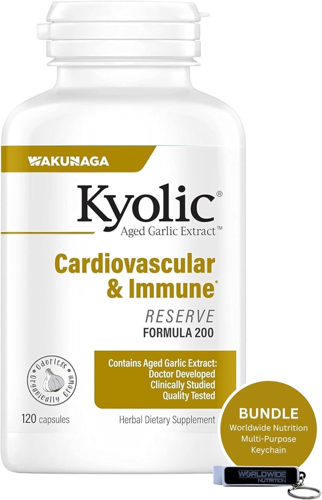 Worldwide Nutrition Bundle Συμβατό με Kyolic Aged Garlic Extract, Καρδιαγγειακό & Ανοσοποιητικό - Reserve Formula 200, Kyolc Aged Garlic Extract Κάψουλες 120 Count and Multi-Purpose Key Chain
